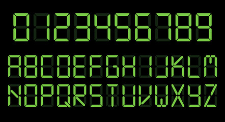 Green digital clock number set. Led digit alphabet. Flat vector illustration isolated on white background.