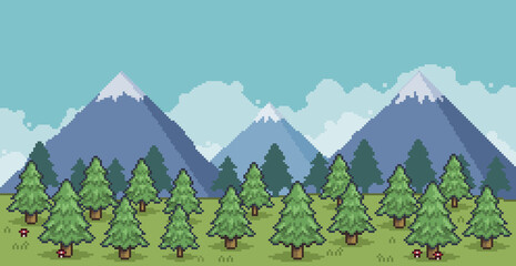 Wall Mural - Pixel art landscape of pine forest in the mountains 8 bit vector background