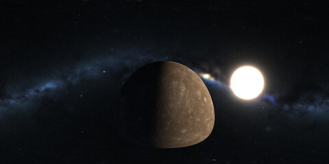 360 degree space background with planet mercury with young stars, equirectangular projection, enviro
