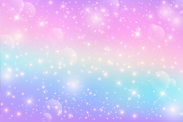 Wall Mural - rainbow unicorn fantasy background with stars. holographic illustration in pastel colors. bright mul