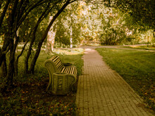 Large Bench On The Path In The Park Among The Trees, Autumn Background, Road