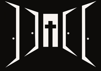 Black background with five doors. Christian cross symbol on the open center door