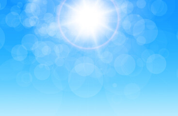 Wall Mural - summer sunny background, blue sky with glaring sun and blurry bokeh, spring or summer natural backgr