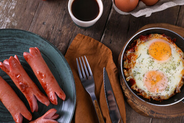 Canvas Print - Breakfast with fried eggs and sausages