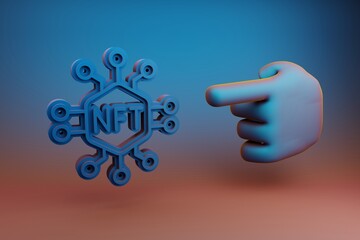 Fototapete - Beautiful illustrations abstract Hand index finger points to NFT Tokens symbol icon on a multicolor bright background. 3d rendering illustration. Background pattern for design.