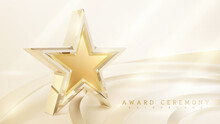 Award Ceremony Background With 3d Gold Star And Ribbon Element And Glitter Light Effect Decoration.