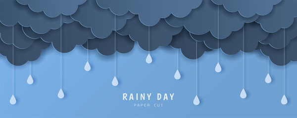 Wall Mural - Paper cut of rainy day text with clouds and rain drops on blue background, copy space. Vector illustration
