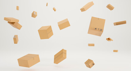 3D rendering brown box falling in the white background , delivery box