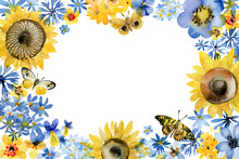 Watercolor Frame With Wild Flowers, Sunflowers, Cornflowers And Butterflies. Hand Painted On An Isolated White Background. Floral Illustration For Banner, Poster, Background Or For Your Design.