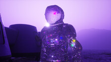 Cosmos Concept. A Diamond Astronaut Walks Across Against The Backdrop Of A Space Base. Purple Color. 3d Illustration
