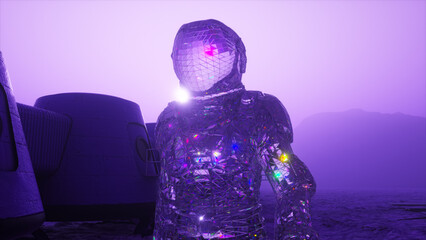 Wall Mural - cosmos concept. a diamond astronaut walks across against the backdrop of a space base. purple color.