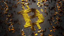  Bitcoin Logo In The Form Of A Microcircuit. Cryptocurrency Transactions. Blockchain. Black Gold Color. 3d Illustration