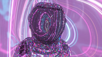 Wall Mural - the concept of space. astronaut in a diamond suit on a background of pink and blue glowing neon line