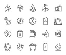 Vector Set Of Energy Line Icons. Contains Icons Hydroelectricity, Solar Panel, Renewable Energy, Fossil Fuels, Coal, Geothermal Energy, Biomass And More. Pixel Perfect.