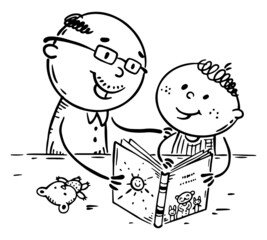 Leinwandbilder - Grandpa reading book to his grandchild, outline vector illustration