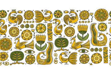 Poster - Magic birds and flowers. Vintage seamless pattern background for your design