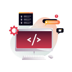Wall Mural - programmer's workplace, monitor with program code. isolated vector illustration.