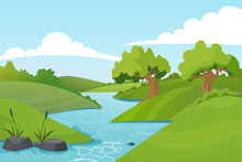 Landscape With River Flowing Through Hills, Scenic Green Forest And Mountains. Scene With River Vector Illustration 