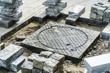 Construction Of A Footpath And Installation Of New Sewer Manholes. Close-up
