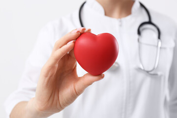 Canvas Print - Doctor holding red heart on white background, closeup. Cardiology concept