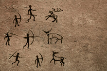 Ornament African Petroglyphs Art Old. Hunting Scenes Palaeolithic Petroglyphs Carved In Rocks. Hunters On Animal. Stones With Petroglyphs. Ancient People