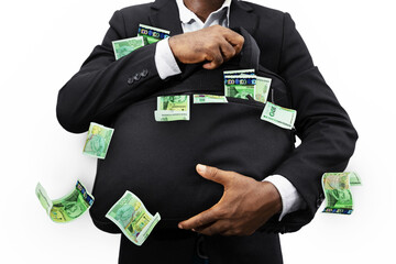 Wall Mural - Black Businessman holding black bag full of Bulgarian lev notes isolated on white background, money falling from bag