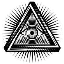 All-seeing Eye Of God. Sacred Symbol In A Stylized Triangle Against The Background Of Diverging Rays. Vector Monochrome Illustration