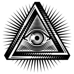 All-seeing eye of God. Sacred symbol in a stylized triangle against the background of diverging rays. Vector monochrome illustration