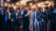 © Gorodenkoff - Beautiful Happy Lesbian Couple Celebrate Wedding at an Evening Reception Party with Diverse Multiethnic Friends. Queer Newlyweds Dancing at a Restaurant Venue. LGBTQ Relationship and Family Goals.
