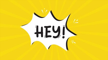 Fototapete - A comic strip cartoon animation, with the word Hey appearing. Yellow and halftone background, star shape effect