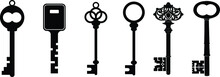 Set Of Black Silhouettes Of Door Keys. Key Icon Set. Vintage Key Antique Door Key Isolated On White Background. Keys And Padlock Silhouette. Vector Illustration.
