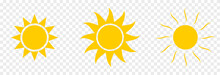 Vector Set Of Sun Icon On Isolated Transparent Background. PNG Sun Icons. Cartoon Yellow Sun Icons.