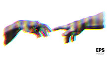 Vector Illustration Of Hands Reaching Out For Touch In RGB Color Offset Vertical Line Halftone Vintage Style Design Isolated On White Background.
