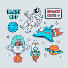 Space Badges, Stickers. Vector Illustrations Of Peace An Astronaut, Spaceship, Rocket, And Planets.