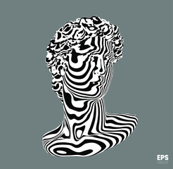 Wall Mural - Vector abstract black and white striped pattern  illustration from 3D rendering of classical head sculpture isolated on gray background.