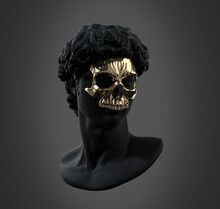 Concept Illustration From 3D Rendering Of Classical Dark Black Male Head Bust With Golden Skull Mask In Dark Sculpture Art Style Isolated On Grey Background.