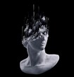 3D rendering illustration of a broken marble fragment of head sculpture in classical style with pixel sorting glitched broken part in monochromatic grey tones isolated on black background. 