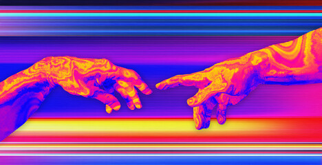 Wall Mural - Reaching hands in orange, pink and blue vaporwave and synthwave style concept illustration isolated on psychedelic colors scanline TV background.