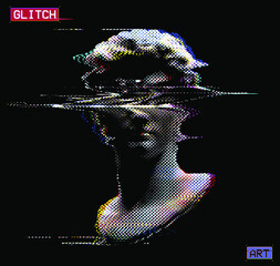 Abstract dot halftone color illustration of glitched classical head sculpture from 3D rendering and isolated on black background.
