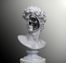 Abstract Concept Illustration From 3d Rendering Of Hole Cut Face White Marble Classical Head Bust With Black Shiny Skull Inside Hollow Void On A Pedestal Isolated On Grayscale Gradient Background.