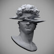 Glitch art monochrome illustration of white marble classical head sculpture from 3D rendering in the style of corrupted video graphics and isolated on grey background.