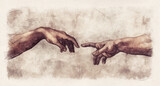 Fototapeta  - Hands reaching. Digital illustration sketch in the style of old renaissance drawings on paper.