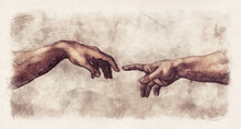 Hands Reaching. Digital Illustration Sketch In The Style Of Old Renaissance Drawings On Paper.
