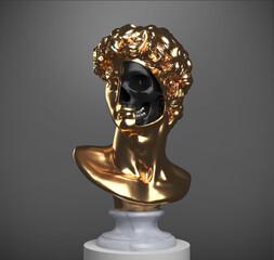 Abstract concept illustration from 3d rendering of hole cut face golden classical head bust with black silver teeth shiny skull inside hollow void on a marble pedestal isolated on dark  background.