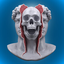 Abstract Concept Illustration From 3d Rendering Of Classical Head Bust Sliced Open In Two Showing Fleshy Intern And Screaming Skull Coming Out From Inside Isolated On Blue Background.
