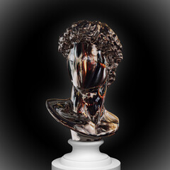 Abstract concept illustration of faceless mirrored chrome metal classical bust on pedestal from 3D rendering isolated on dark background.