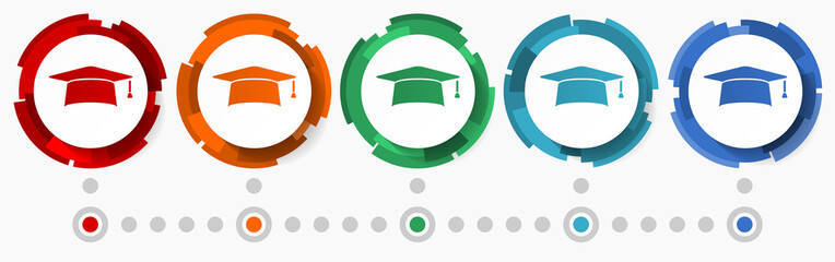 Leinwandbilder - Education, graduation concept vector icon set, modern design abstract web buttons in 5 color options, infographic template for webdesign and mobile apps