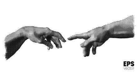 Vector illustration of hands reaching out for touch in black and white dot halftone vintage style design.