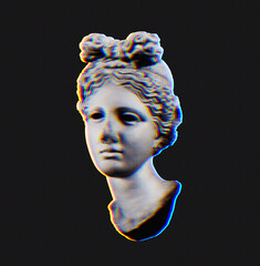 Poster - RGB color offset mode digital illustration from 3D rendering of classical female head bust isolated on black background.