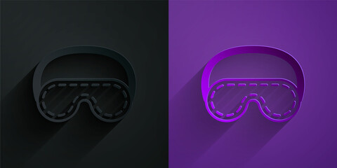 Paper cut Eye sleep mask icon isolated on black on purple background. Paper art style. Vector